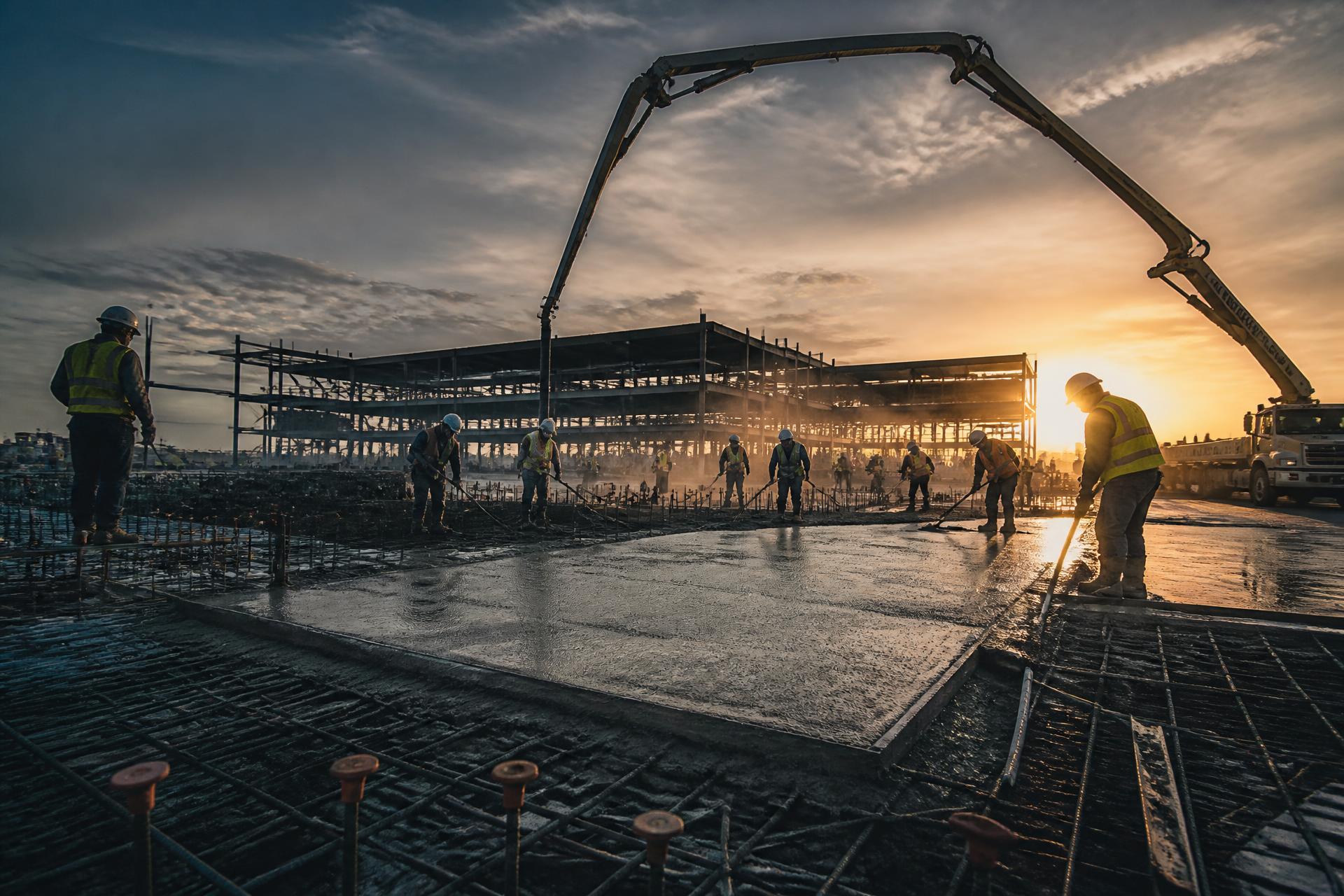 Construction crew finishing a large commercial concrete pour at sunset